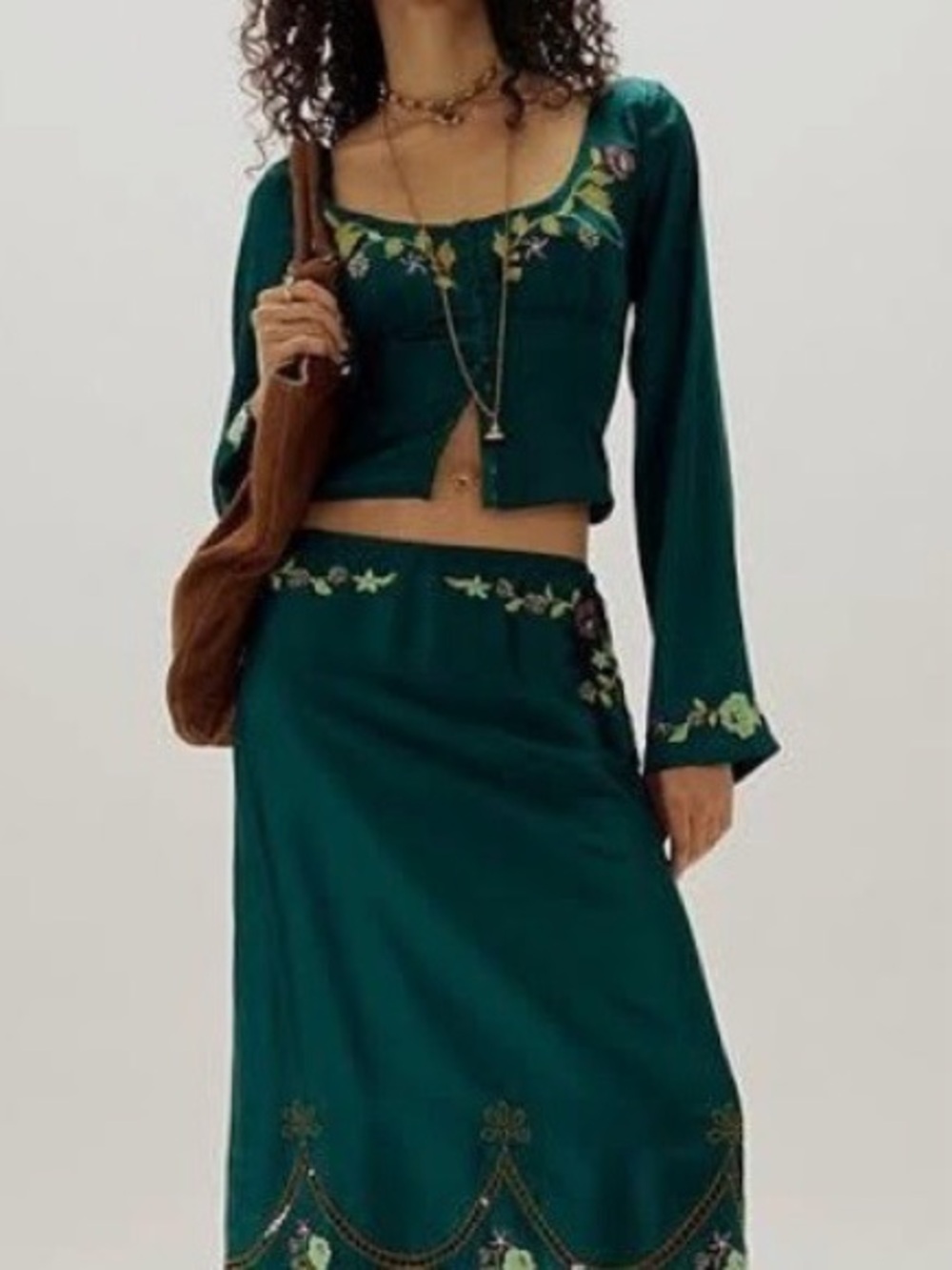 Free People Deep Emerald Embroidered Maxi Skirt Set